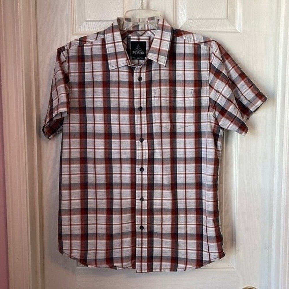 Prana shirt mens s m gray brown plaid button down short sleeve shirt